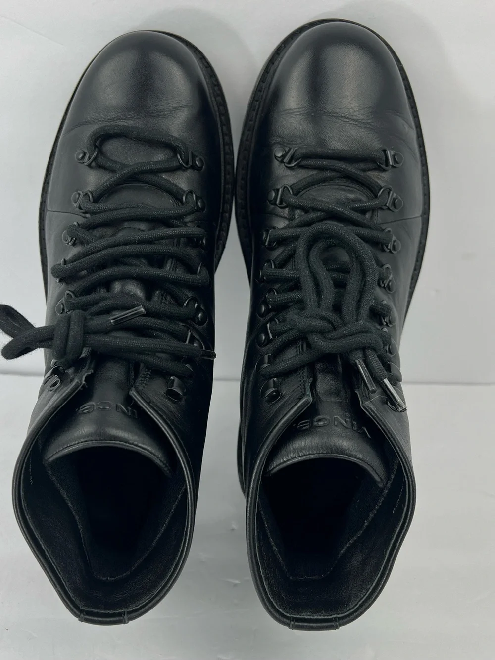 VINCE SAFI LACEUP BOOTS, BLACK UPPER LEATHER, SIZE US10, EU44